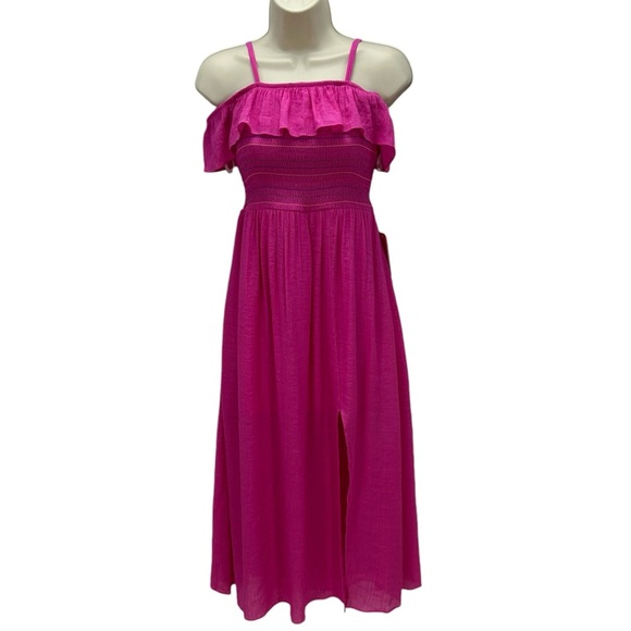 BCX Girls Sleeveless Smocked Top Off Shoulder Ruffle Midi Dress - Pink - size 10 - Picture 1 of 10